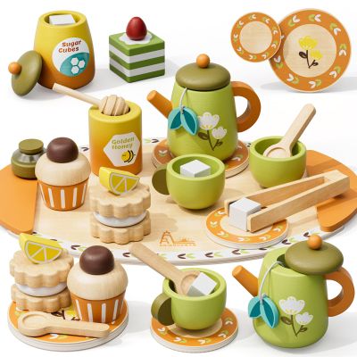 Wooden Tea Party Set for Toddlers 3-5, Pretend Play Tea Set with Simulation Snacks and Honey Dipper, for Girls Boys