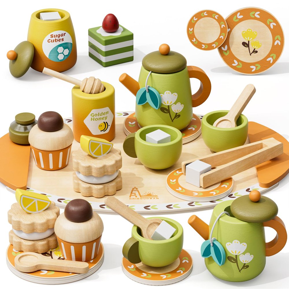 Wooden Tea Party Set for Toddlers 3-5, Pretend Play Tea Set with Simulation Snacks and Honey Dipper, for Girls Boys