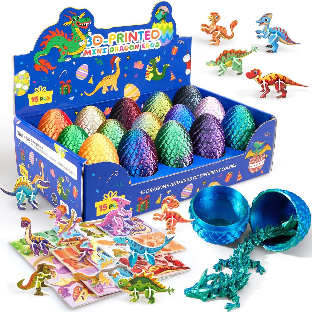 Dak Haan 15PCS 3D Printed Dragon Egg,3D Dragon Eggs Set with Display Stand,Mini Dragons Eggs Set Fidget Toy,Easter Egg Stuffers,DIY Craft Kit,Dino Eggs for 5-7 4-6 8-12 Year Old Boys Girls