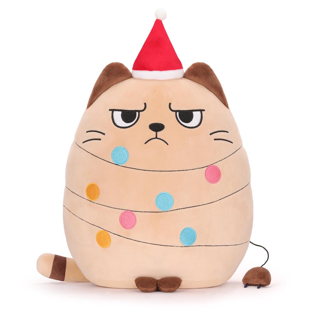 AGIFTMIND 12 inch Christmas Cat Stuffed Animals Funny Xmas Plush Pillow Holiday Decoration Gifts for Cat Mom Lovers (Beige)