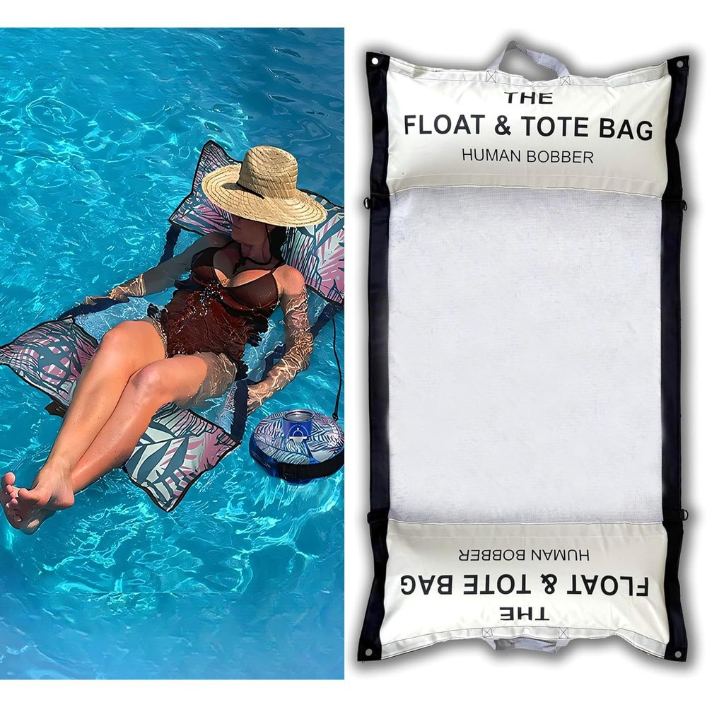 2-in-1 Floating Hammock & Beach Tote, Floating Lounge Chair for Pool, Foldable Multipurpose Float N' Tote Inflatable Water Hammock Pool Floats & Swimming Lounger for Adults (Beige)