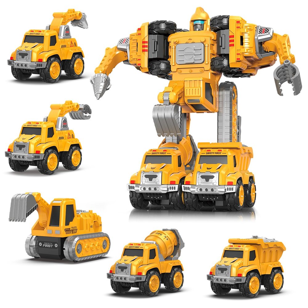 Toys for 3 4 5 6 Year Old Boys 5-in-1 Detachable Construction Vehicles SetTransform Robot Kids Toys Cars Easy DIY Toys for Ages 5+ Gifts for Boys Girls Birthday Christmas Easter