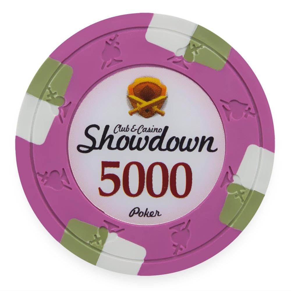 Playzaic 13.5-gram Showdown Professional Poker Chips (50-Pack) Heavy Clay Composite Set - Bulk Casino Chips with Denominations for Texas Holdem, Blackjack - Betting Game Accessories ($5,000 Pink)