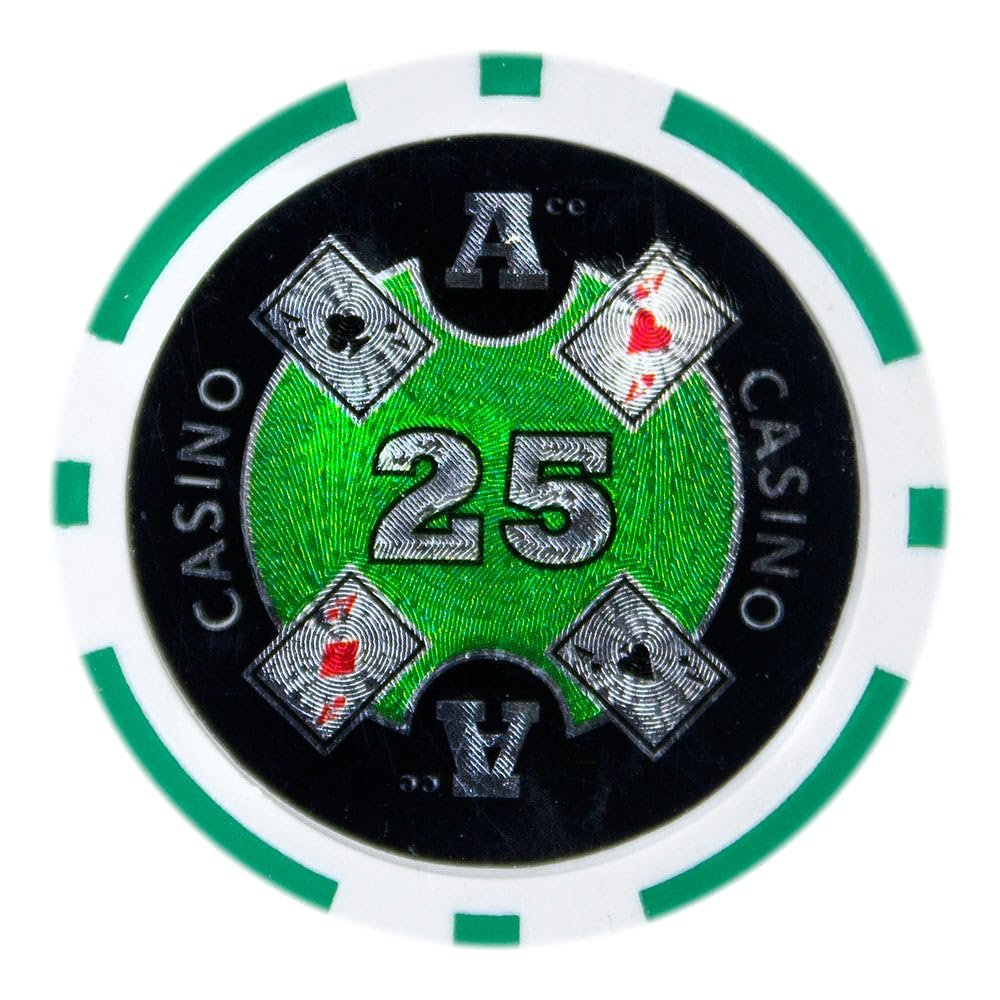 Playzaic 14-gram Ace Casino Poker Chips (50-Pack) Heavy Clay Composite Set - Bulk Casino Chips with Denominations for Texas Holdem, Blackjack - Betting Game Accessories ($25 Green)