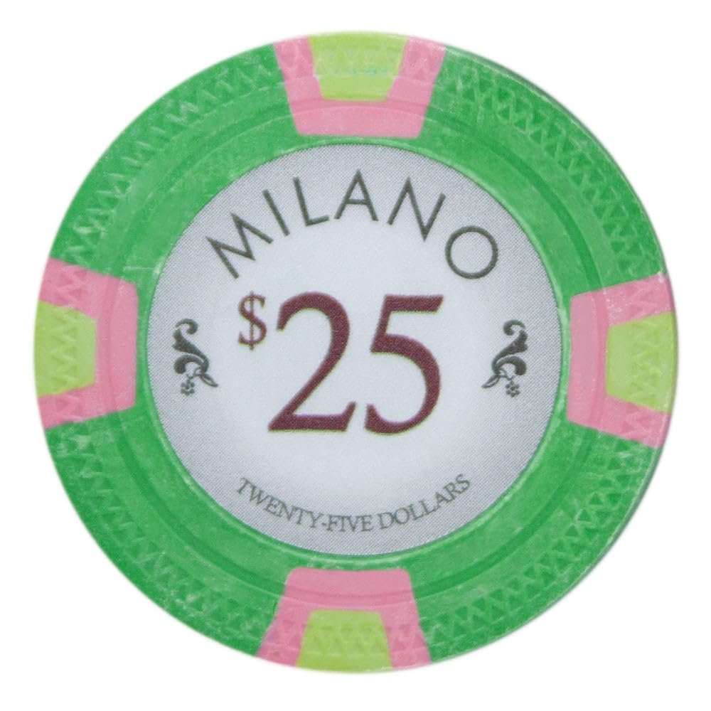Playzaic 10-gram Milano Professional Poker Chips (50-Pack) Real Clay Set - Bulk Casino Chips with Denominations for Texas Holdem, Blackjack - Betting Game Accessories ($25 Green)