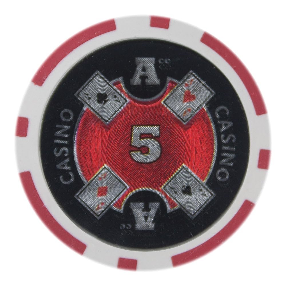 Playzaic 14-gram Ace Casino Poker Chips (50-Pack) Heavy Clay Composite Set - Bulk Casino Chips with Denominations for Texas Holdem, Blackjack - Betting Game Accessories ($5 Red)