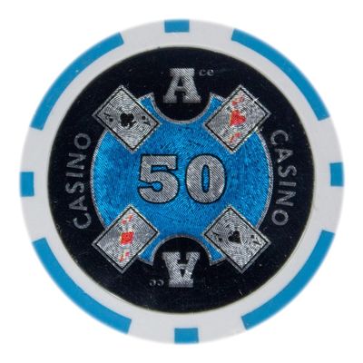 Playzaic 14-gram Ace Casino Poker Chips (50-Pack) Heavy Clay Composite Set - Bulk Casino Chips with Denominations for Texas Holdem, Blackjack - Betting Game Accessories ($50 Light Blue)