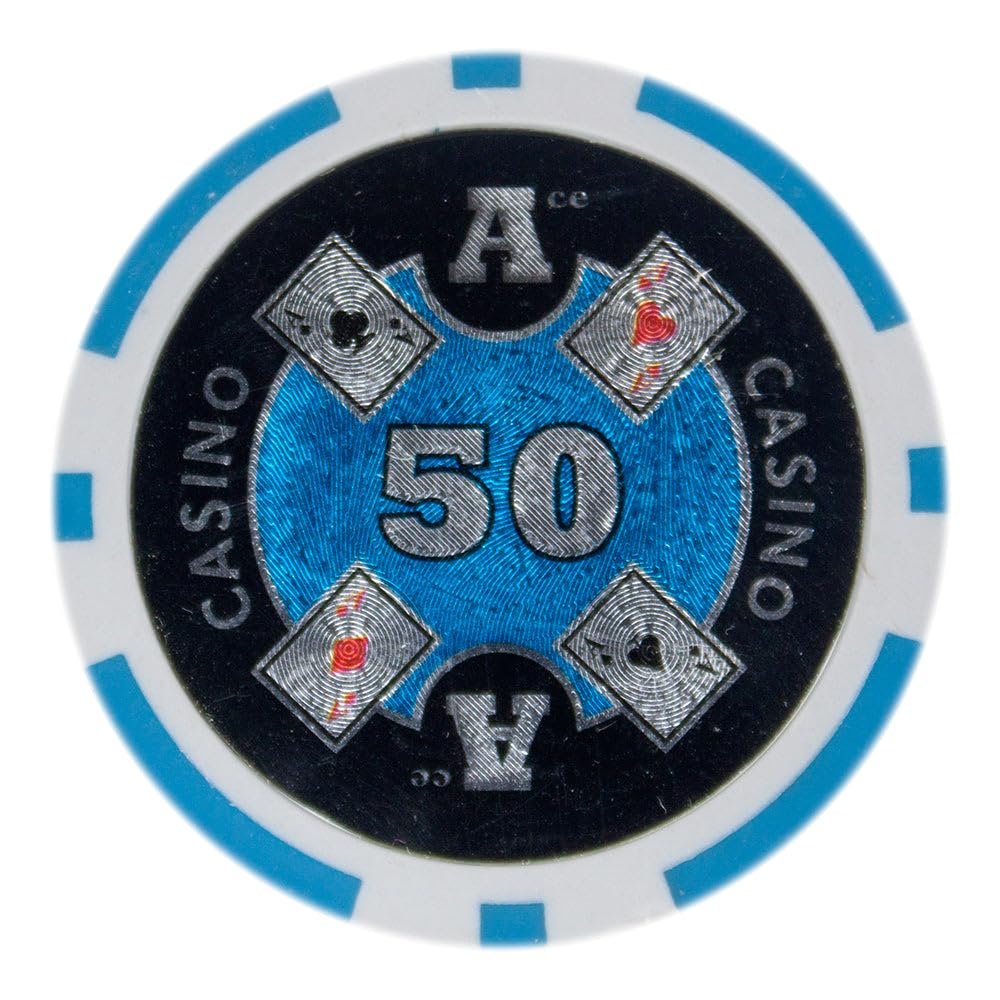 Playzaic 14-gram Ace Casino Poker Chips (50-Pack) Heavy Clay Composite Set - Bulk Casino Chips with Denominations for Texas Holdem, Blackjack - Betting Game Accessories ($50 Light Blue)