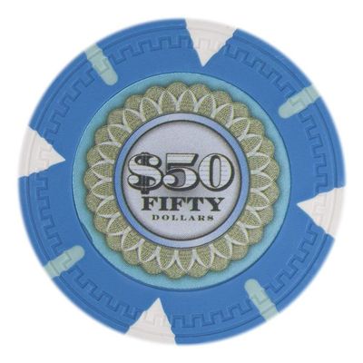 Playzaic 13.5-gram The Mint Professional Poker Chips (50-Pack) Heavy Clay Composite Set - Bulk Casino Chips with Denominations for Texas Holdem, Blackjack - Betting Game Accessories ($50 Light Blue)