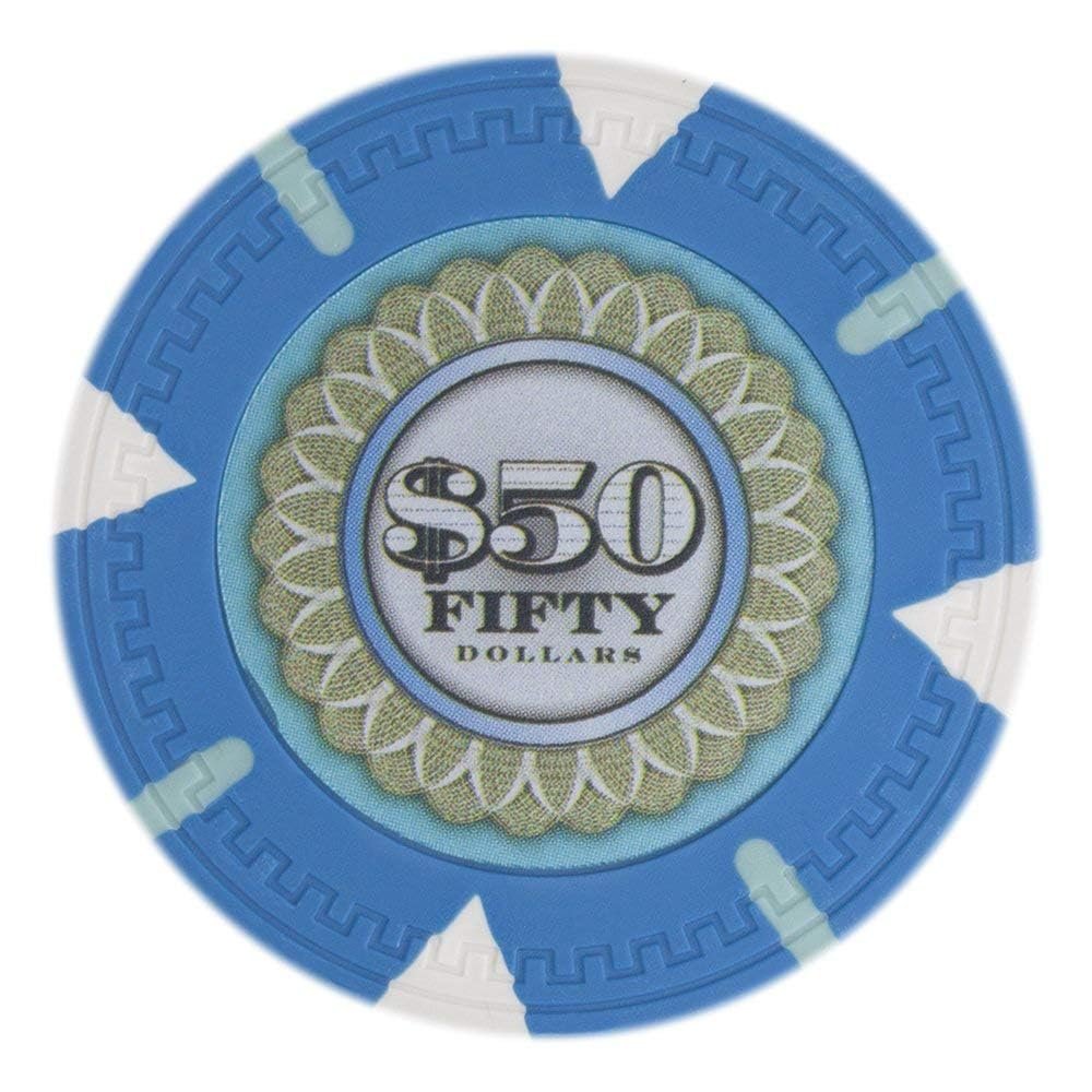 Playzaic 13.5-gram The Mint Professional Poker Chips (50-Pack) Heavy Clay Composite Set - Bulk Casino Chips with Denominations for Texas Holdem, Blackjack - Betting Game Accessories ($50 Light Blue)