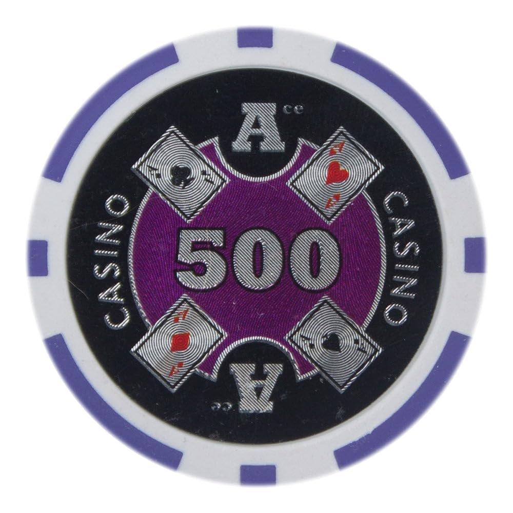 Playzaic 14-gram Ace Casino Poker Chips (50-Pack) Heavy Clay Composite Set - Bulk Casino Chips with Denominations for Texas Holdem, Blackjack - Betting Game Accessories ($500 Purple)