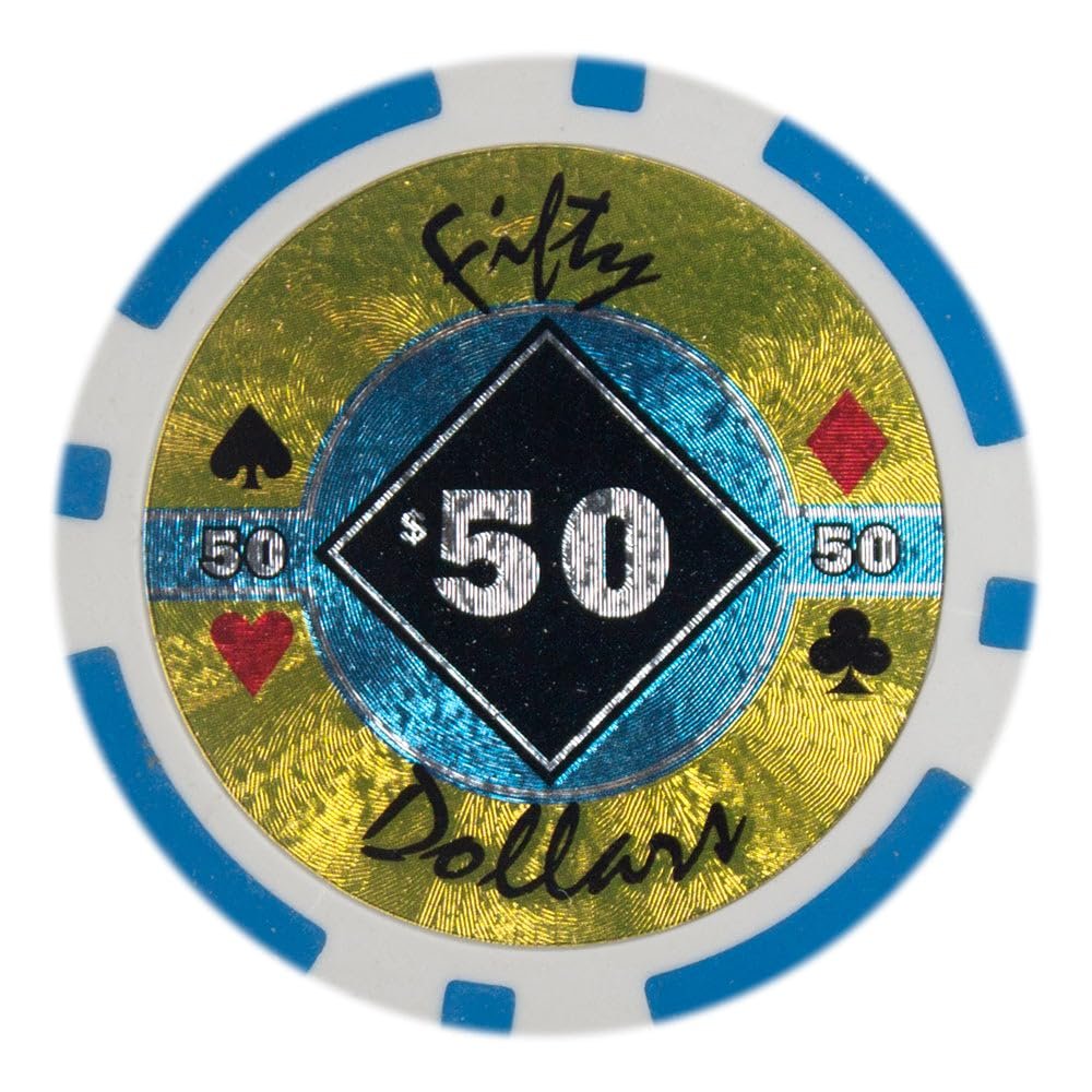 Playzaic 14-gram Black Diamond Poker Chips (50-Pack) Heavy Clay Composite Set - Bulk Casino Chips with Denominations for Texas Holdem, Blackjack - Betting Game Accessories ($50 Light Blue)