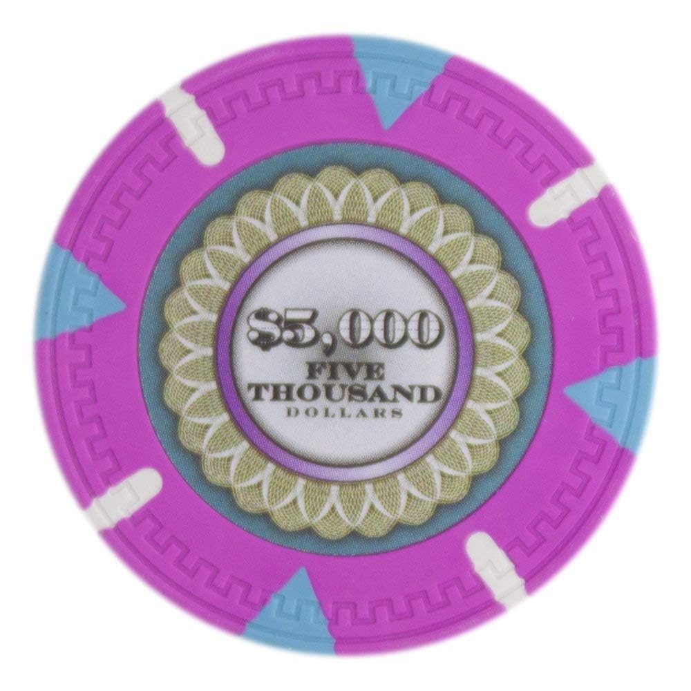 Playzaic 13.5-gram The Mint Professional Poker Chips (50-Pack) Heavy Clay Composite Set - Bulk Casino Chips with Denominations for Texas Holdem, Blackjack - Betting Game Accessories ($5,000 Pink)