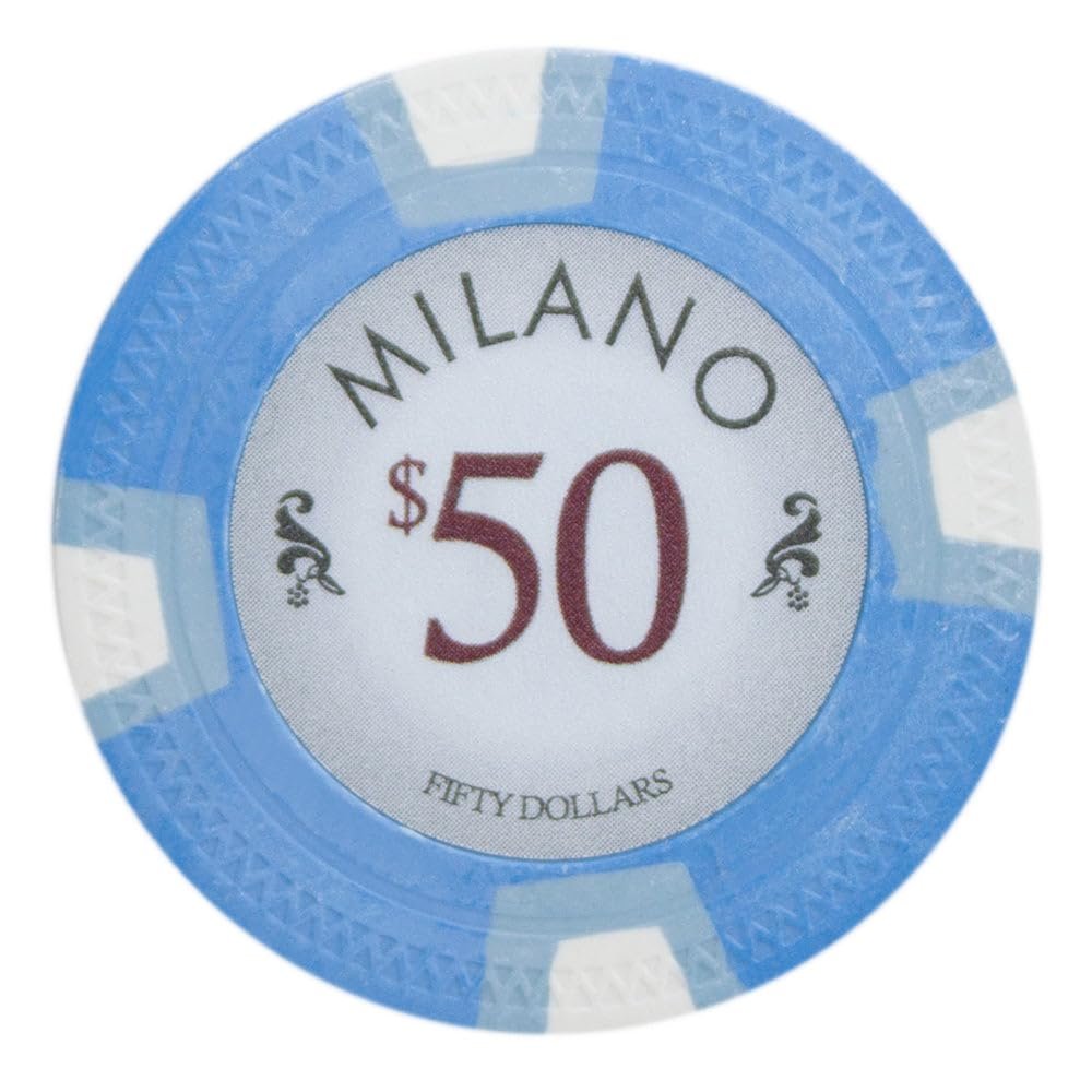 Playzaic 10-gram Milano Professional Poker Chips (50-Pack) Real Clay Set - Bulk Casino Chips with Denominations for Texas Holdem, Blackjack - Betting Game Accessories ($50 Light Blue)