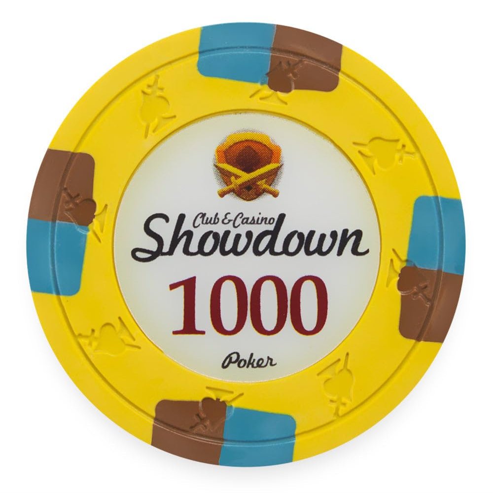 Playzaic 13.5-gram Showdown Professional Poker Chips (50-Pack) Heavy Clay Composite Set - Bulk Casino Chips with Denominations for Texas Holdem, Blackjack - Betting Game Accessories ($1,000 Yellow)