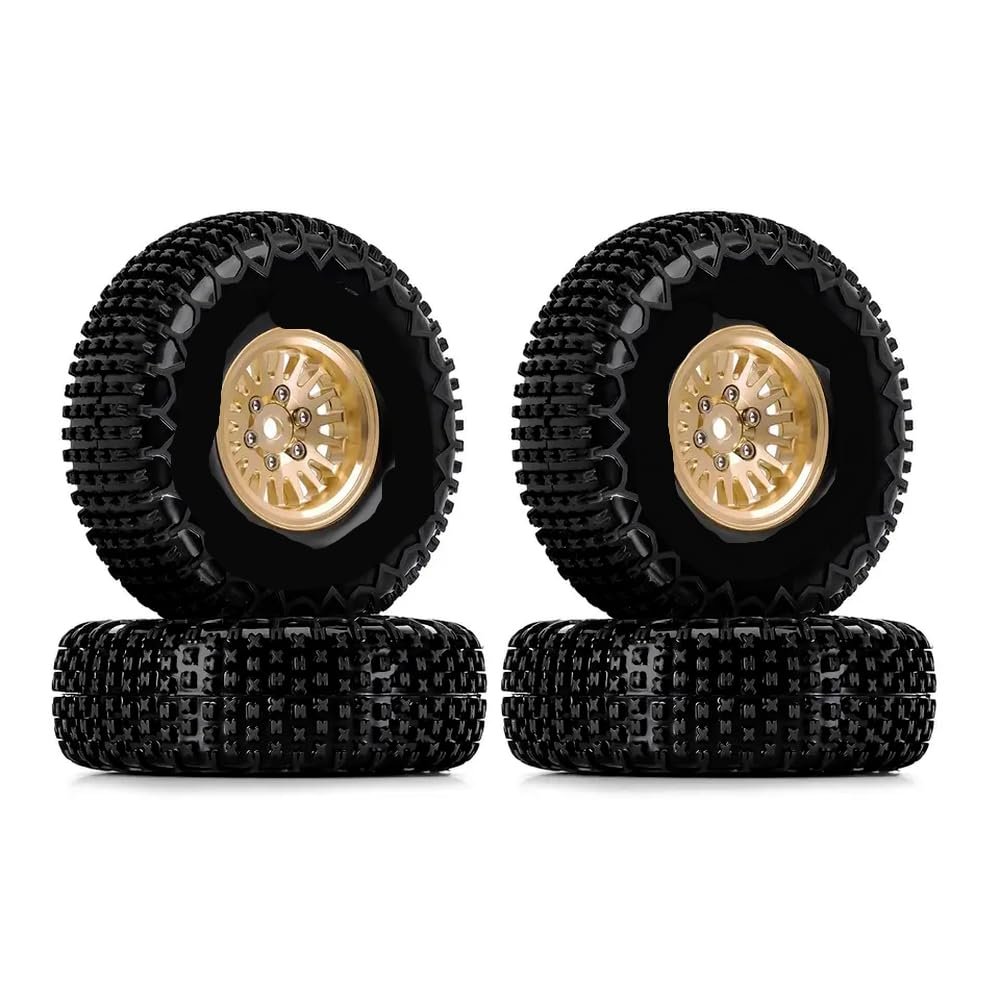 1.0 XHX Pin Tires and 1.0 Plus Brass Beadlock Wheels Set Compatible with 1/18 1/24 Scale RC Crawler Vehicles