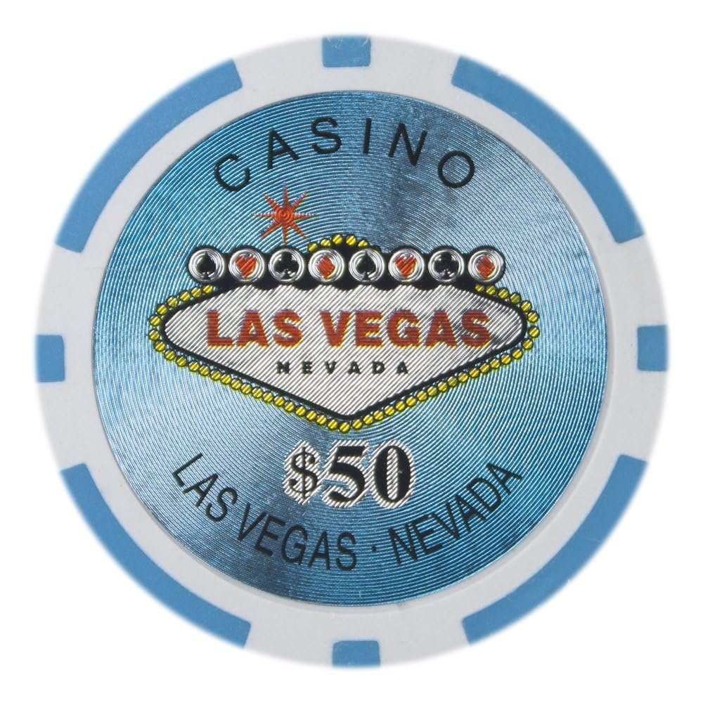 Playzaic 14-gram Las Vegas Poker Chips (50-Pack) Heavy Clay Composite Set - Bulk Casino Chips with Denominations for Texas Holdem, Blackjack - Betting Game Accessories ($50 Light Blue)