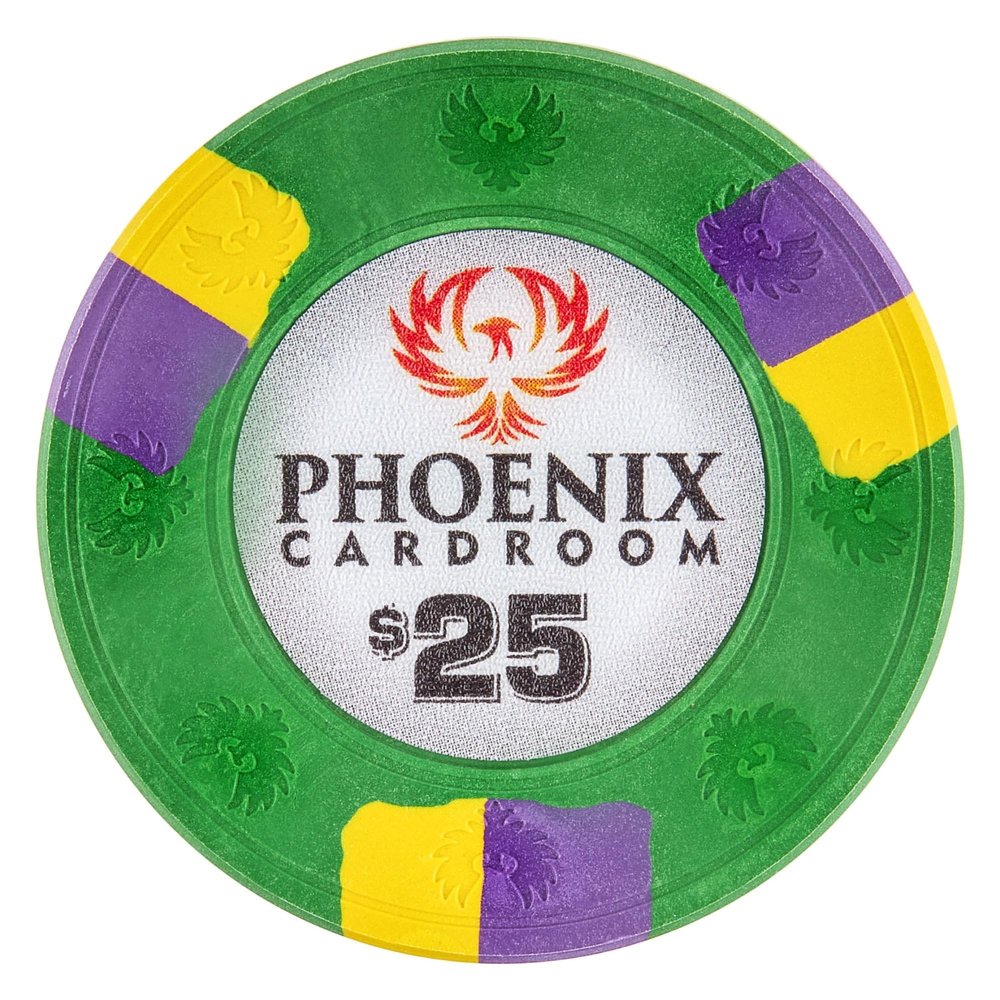 Playzaic 10-gram Phoenix Professional Poker Chips (50-Pack) Real Clay Set - Bulk Casino Chips with Denominations for Texas Holdem, Blackjack - Betting Game Accessories ($25 Green)