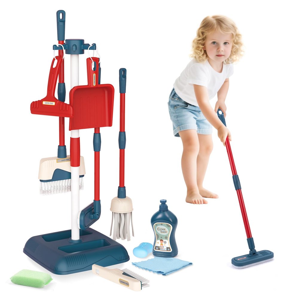 Jenilily Toddler Toys Cleaning Set, Kids Cleaning Toy Stand Set, Pretend Play Home Cleaning Tools Toys PlaysetBroom, Dustpan, Mop, Duster