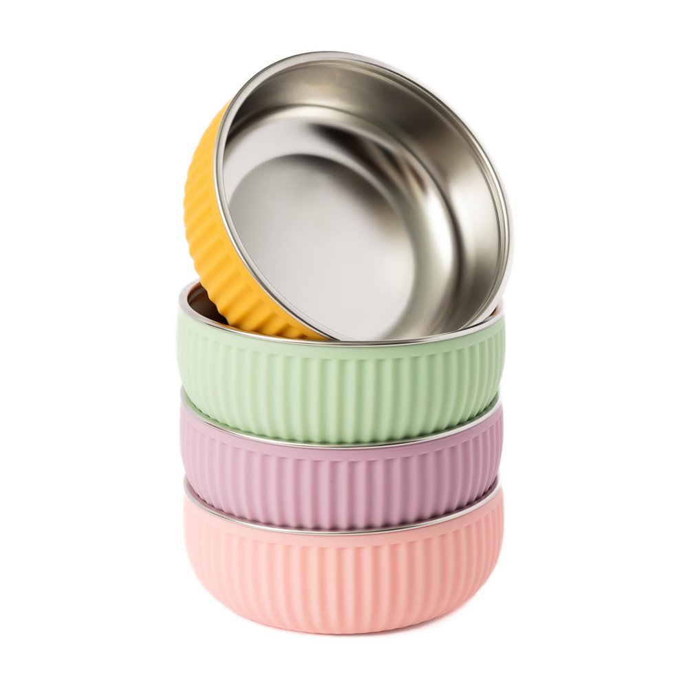 Monkey Proof Non-Toxic Stainless Steel Child Bowl 5 with Non-Slip Grooved Silicone Shell, (Set of 4 bowls) Unbreakable, Mess Free Feeding for Babies, Toddlers, Kids, BPA free (Garden Party Grooved)