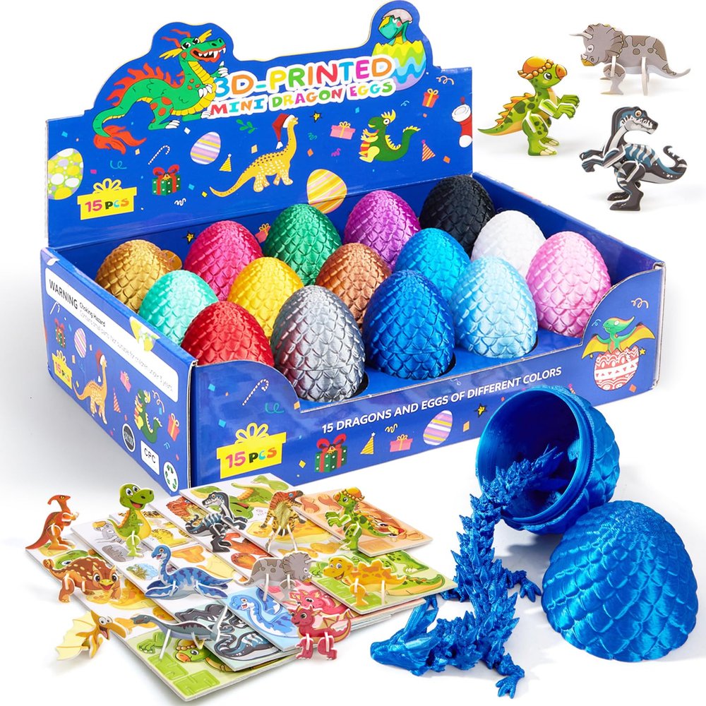 Dak Haan 15PCS 3D Printed Dragon Egg,Prefilled Easter 3D Dragon Eggs Set with Display Stand,Mini Dragons Eggs Set Fidget Toy,Easter Basket Stuffers,DIY Craft Kit for 5-7 4-6 8-12 Year Old Boys Girls