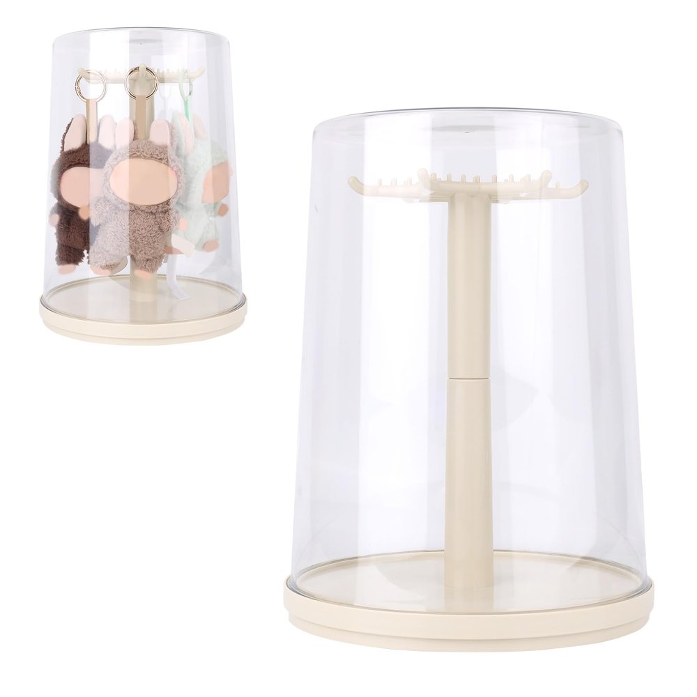 360 Rotating Display Case, 11.42x8.66 Inch Plastic Transparent Doll Display Case for Figure Collectibles Dust-Proof Storage Holder Box for Hanging Keychains & 17cm Dolls