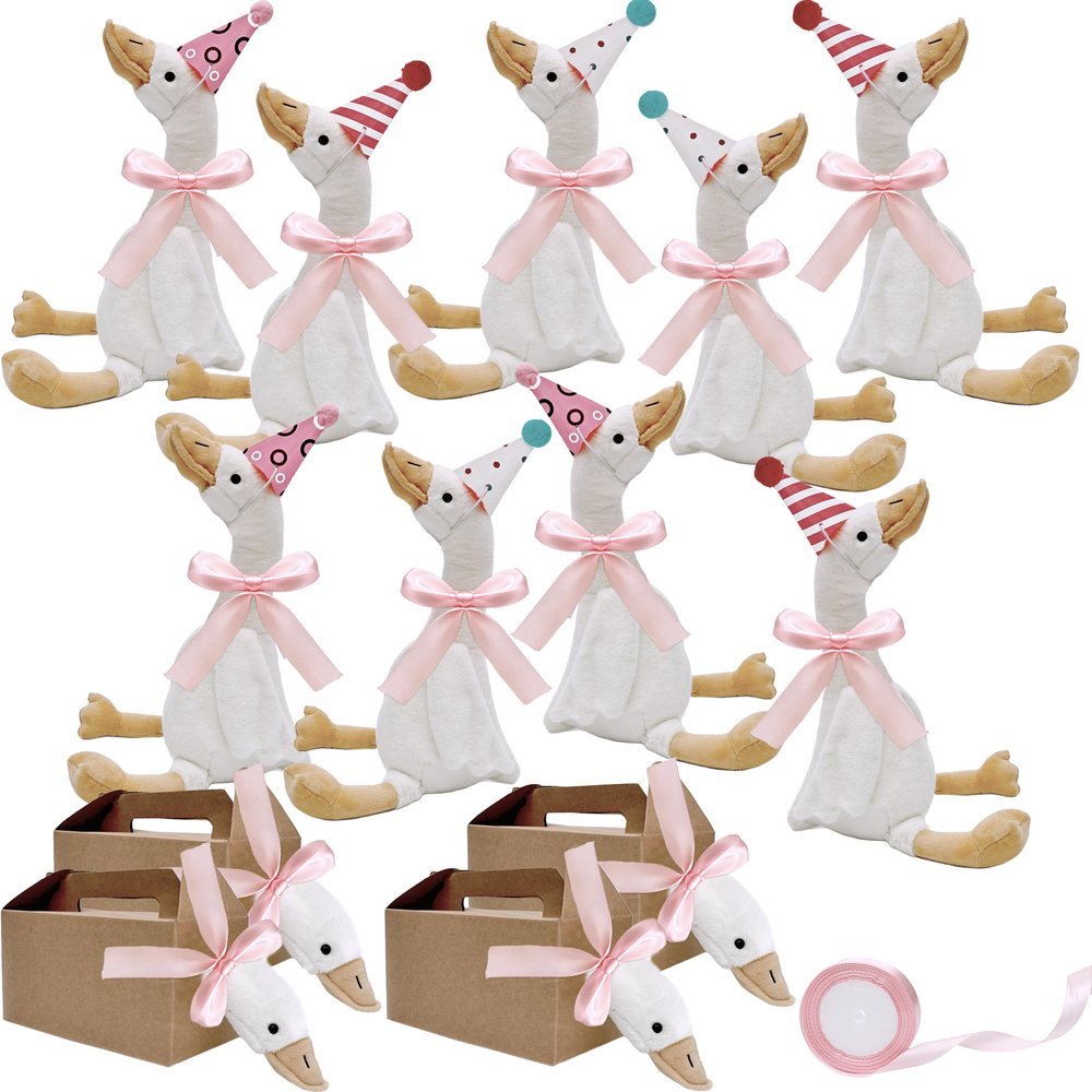 28 Pcs One Silly Goose Party Favors Include 9 Mini Goose Plush Stuffed Animal 9 Boxes 9 Birthday Party Hats and 1 Roll Rope for Adopt a Goose Party Favors Birthday Gifts (Color Style 1)