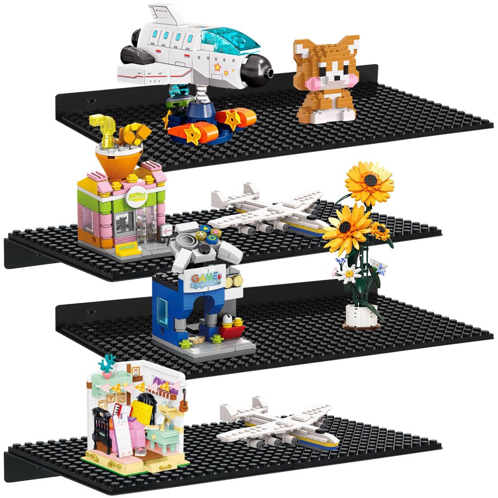 4 Pack Display Shelves for Building Bricks, Display Case Compatible with Brick Building Baseplate, Metal Floating Magnetic Display Cabinet Wall Mounted, Works with Major Building Blocks (Black4-Pack)