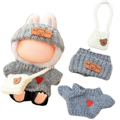 Clothes for Labubu 3-Piece Heart Embroidery Set - Soft Knit,Cozy Style with Hat,Sweater & Crossbody Bag,Perfect for 17cm Dolls(No Doll) (Grey)