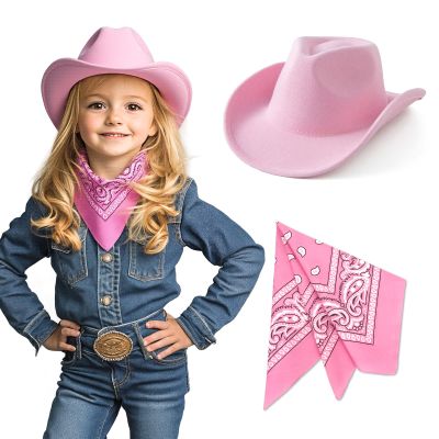 SeptCity Kids Cowboy Hat and Bandana for Age 5-10, Cowgirl Costume Set for Boys and Girls (Pink)