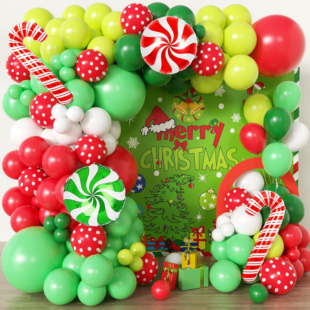 104pcs Whimsical Christmas Balloon Garland Arch Kit with Giant Candy Cane & Swirl Lollipops Foil Balloons, 18/12/10/5 Inch Lime Green Red Polka Dot Latex for Holiday Funny Monster Party Decorations