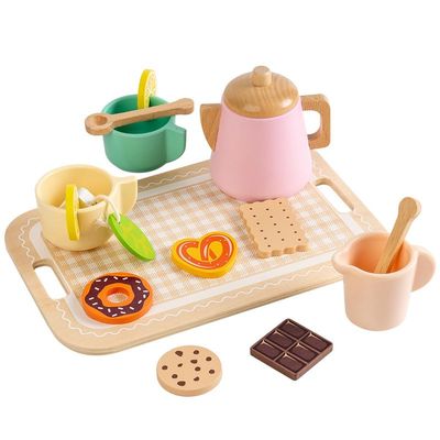 Wooden Toy Tea Set for Little Girls, 15 Pcs Wood Kitchen Accessories with Teapot, Cup, Tray, Scoop, Dessert, Pretend Play Food for Kids, Princess Tea Party Playset for Toddlers 3 4 5 Years Old