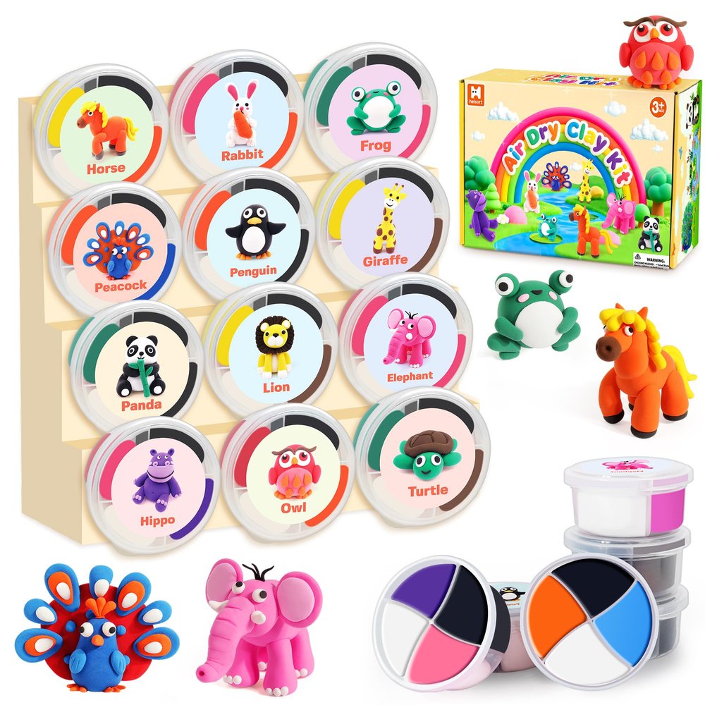 Air Dry Clay Kit for Kids, 12 Animals Modeling Clay with Tutorial Cards & Video, 8 Sculpting Tools, Ultra Light, Safe & Non-Toxic, Arts and Crafts Toys Easter Gifts for Boys Girls