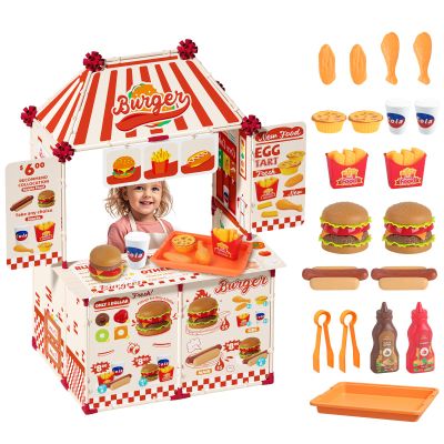 21 Pcs Toddler Hamburger Play Set, Pretend Play Cart Stall, Food Toys,with hot Dogs, Egg tarts, and Chicken Wings, for Children