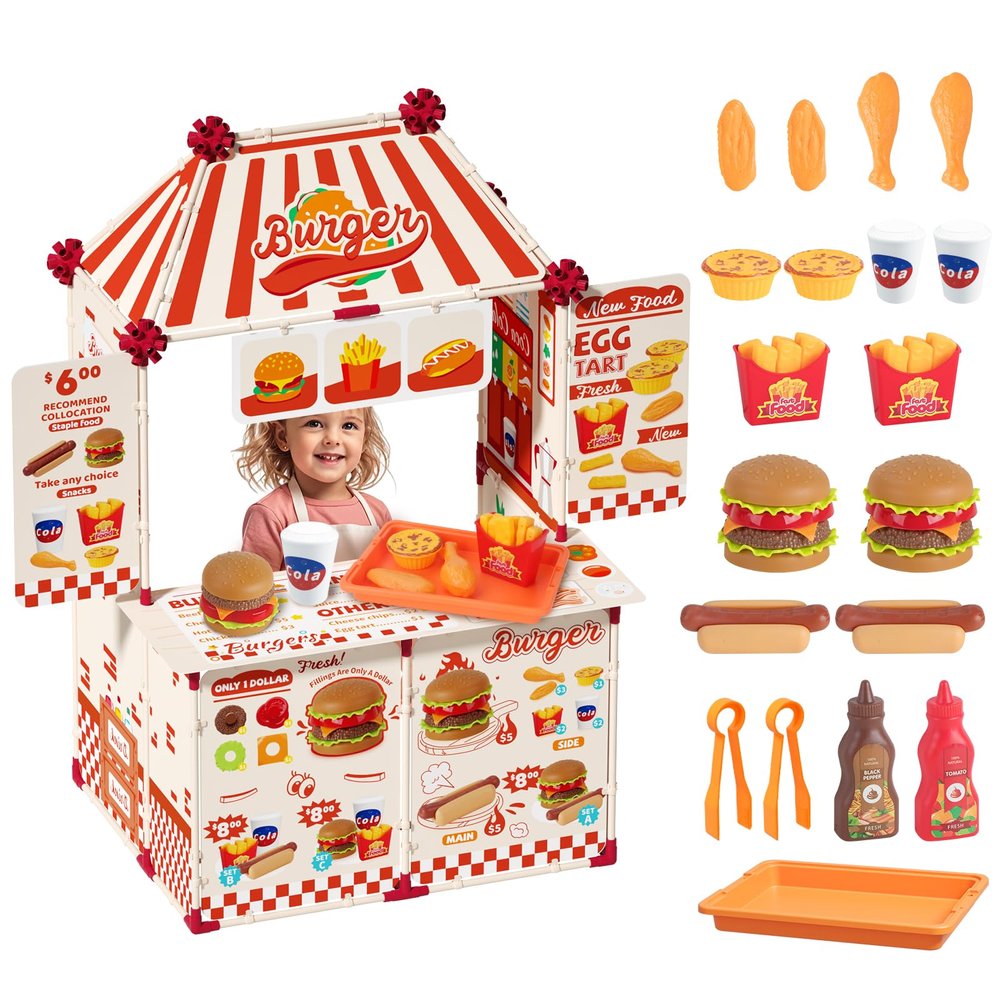 21 Pcs Toddler Hamburger Play Set, Pretend Play Cart Stall, Food Toys,with hot Dogs, Egg tarts, and Chicken Wings, for Children