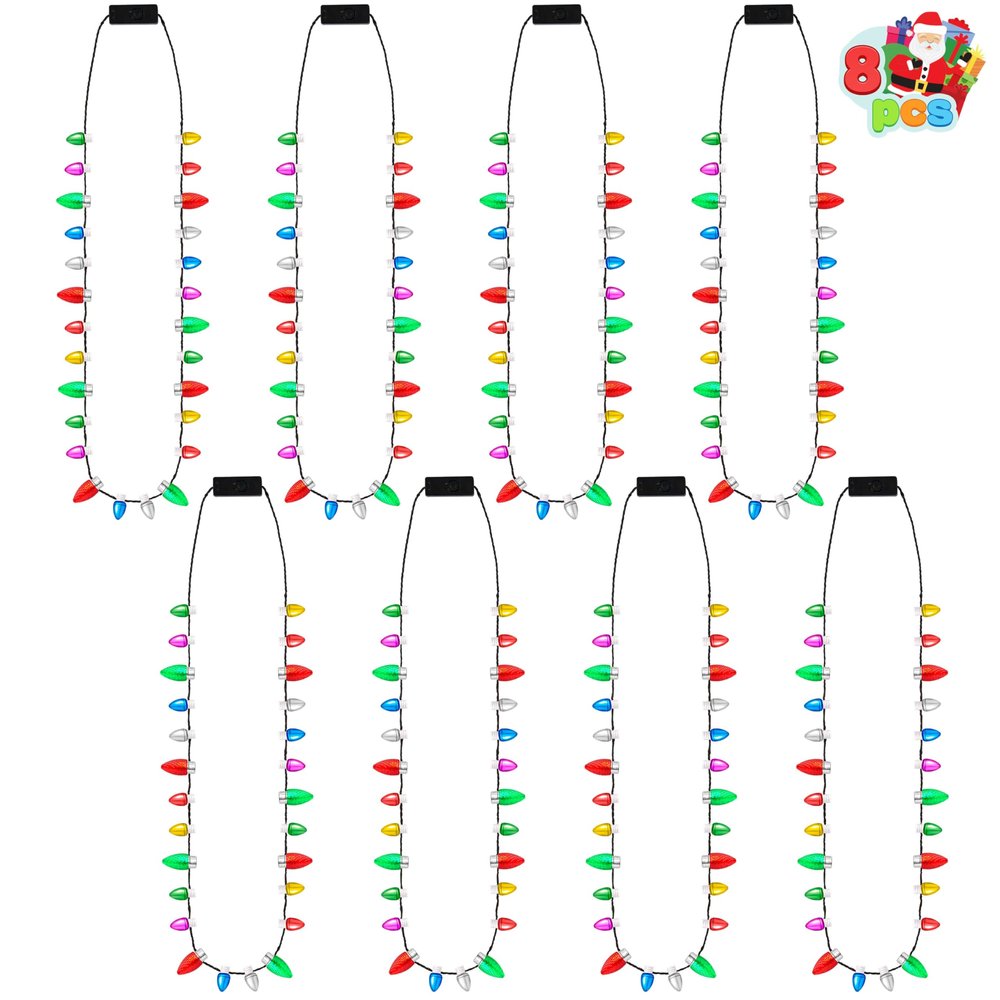 JOYIN 8 Pcs Christmas LED Mini Bulb Necklaces, Xmas Bright Light up Bulb Necklace with 26 Bulbs Beads & 8 Light-up Beads with 3 Lighting Modes, for Adult Kid Sweater New Year Favors Birthday