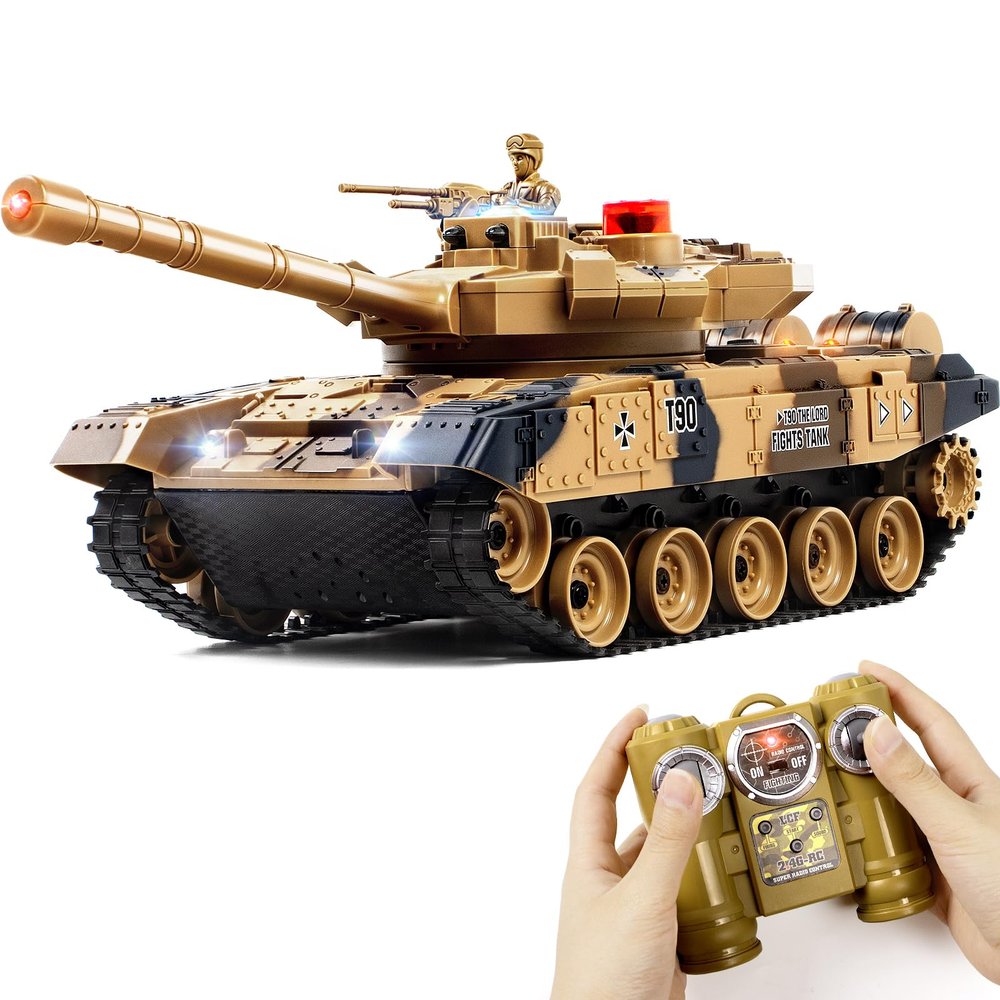1/24 Remote Control Tank, 2.4Ghz Russian T-90 RC Tank & 330 Turret Rotation 2 Rechargeable Batteries Army Toys for Boys, Infrared Battle Toy with Lights, Smoke and Sound Effect Gift for 4+ Kids.