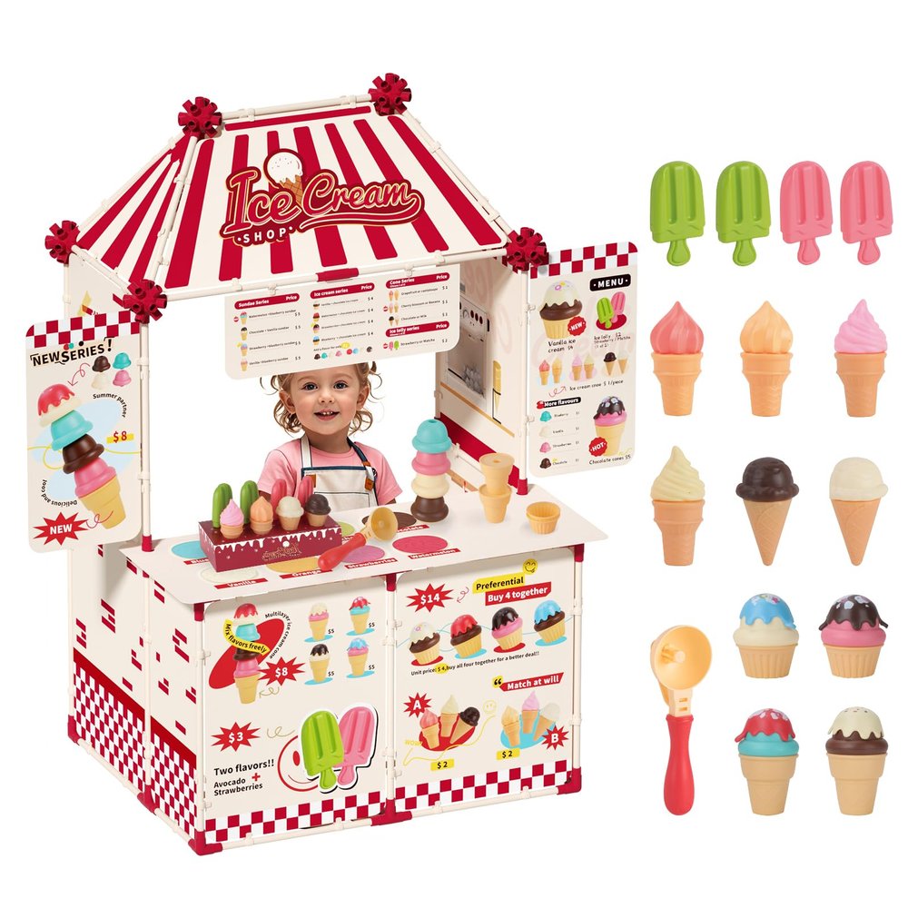 KOALA DIARY Icecream Cart for Kids,30 Pcs Pretend Play Food Truck, Fort Building STEM Toys Kit ,Ice Cream Shop,Grocery Store Pretend Play,Kids Toys for Girls & Boys(Ages 3+)