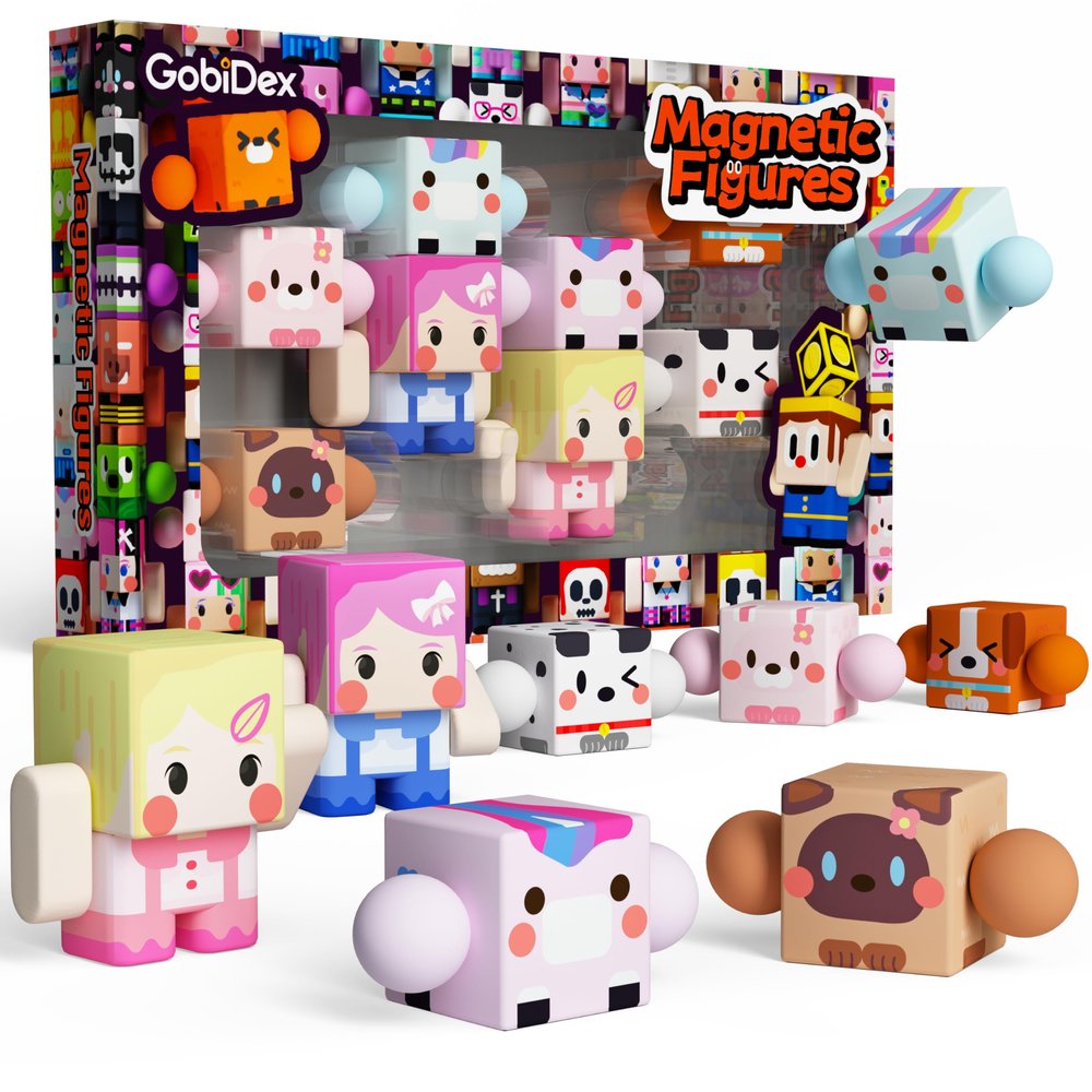 GobiDex 8PCS Magnetic Figures Playset Rotatable Animal & Character Toys for Kids, Toddlers Sensory Pretend Play Travel Toys Compatible with Magnet Blocks