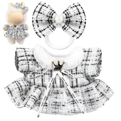 Clothes for LABUBU Doll (NO Doll), Luxury Chic Style 2-Piece Accessories for LABUBU 17cm Dolls, Premium Fashion Outfits for LABUBU - Bow Headdress + Plaid Tweed Dress (White)