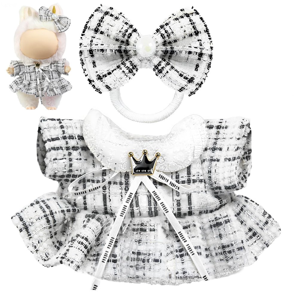 Clothes for LABUBU Doll (NO Doll), Luxury Chic Style 2-Piece Accessories for LABUBU 17cm Dolls, Premium Fashion Outfits for LABUBU - Bow Headdress + Plaid Tweed Dress (White)