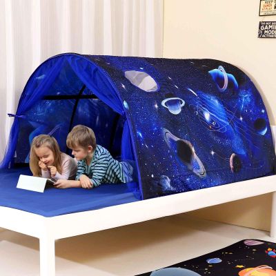 CRAWLBO Kids Bed Tent Twin Beds -Zoos Wonder Play Tents Boys Girls Ventilated Indoor Play Tent Children Promotes Independent Play, Stimulates Imagination Set-Up Playhouse (Galaxy)
