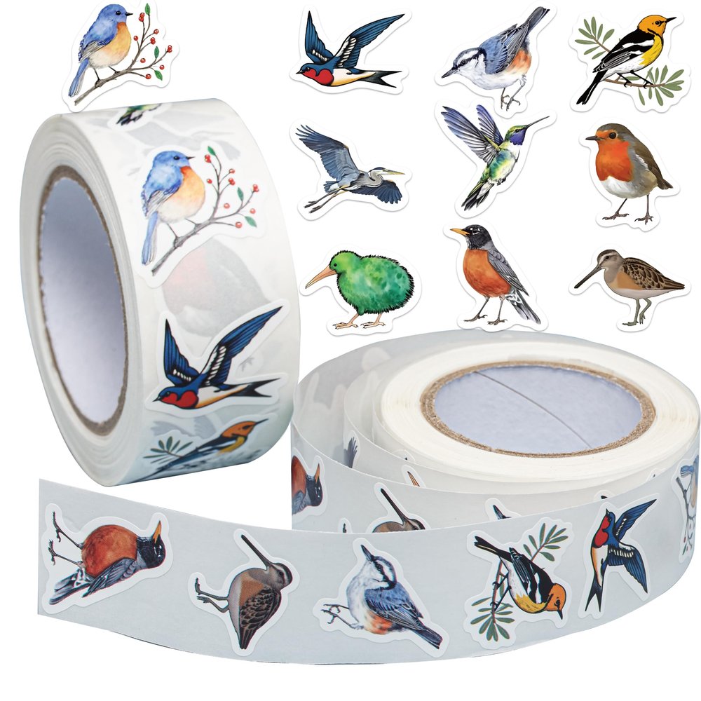 1000Pcs Bird Stickers Roll, 2 Rolls 10 Styles Self-Adhesive Stickers for Kids - Waterproof Tropical Stickers for Scrapbooks, Party Decorations & Classroom Rewards