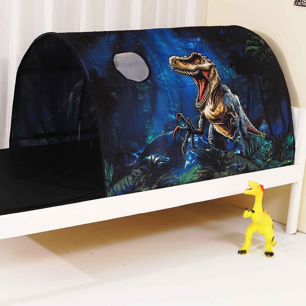 CRAWLBO Kids Bed Tent Twin Beds - Zoos and Cars Wonder Play Tents Boys Girls Ventilated Indoor Play Tent Children Promotes Independent Play, Stimulates Imagination Set-Up Playhouse (Dinosaur)