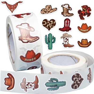 1000PCS Western Cowboy Stickers Roll, 2 Rolls 10 Styles Self-Adhesive Stickers for Kids - Waterproof with Cowboy Hats, Boots & Cactus for Parties, Scrapbooking & Classroom