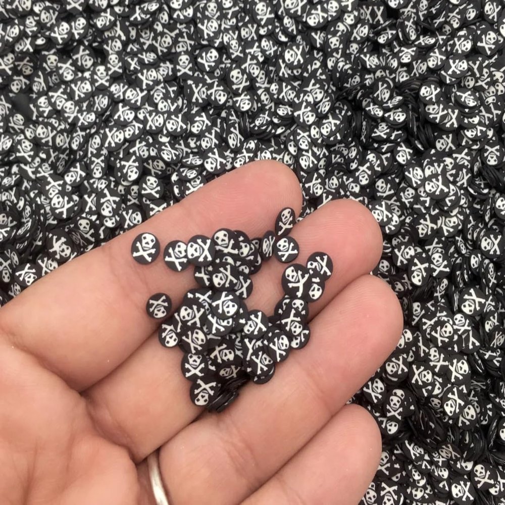 Black Skull and Crossbones Halloween Sprinkles, Non-Edible Spooky Polymer Clay Fake Sprinkles for Crafts and Resin (Container)