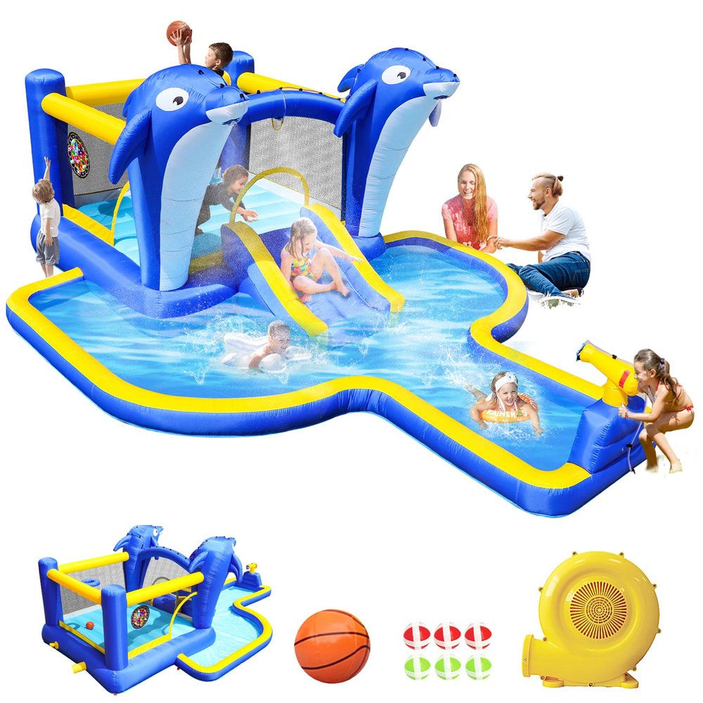 8 in 1 Inflatable Water Bounce House,Water Slide Inflated Bouncer for Outdoor with Blower, Water Slides for Kids Backyard, 227x 162 Swimming Pool Bouncy Castle