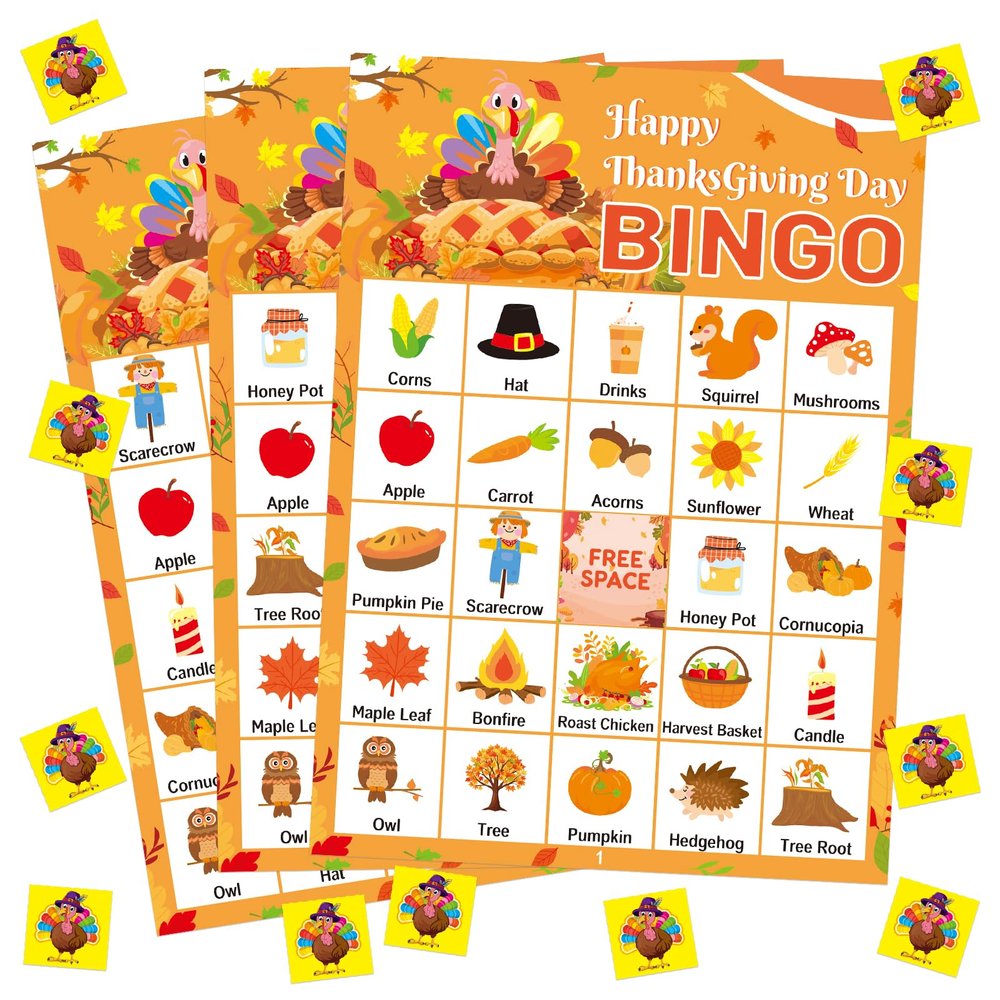 Yoklili Thanksgiving Bingo Cards - 24 Players Home Classroom Activity Holiday Party Craft Supplies (Thanksgiving)