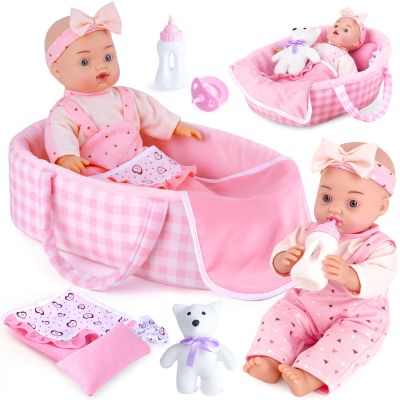 AuntyFey 12" Baby Doll Set, Baby Doll Bassinet with Accessory for Girl Toddlers 1-3 with Bottle, Teddy Bear, Pillow, Blanket