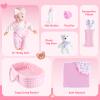 AuntyFey 12" Baby Doll Set, Baby Doll Bassinet with Accessory for Girl Toddlers 1-3 with Bottle, Teddy Bear, Pillow, Blanket view 2
